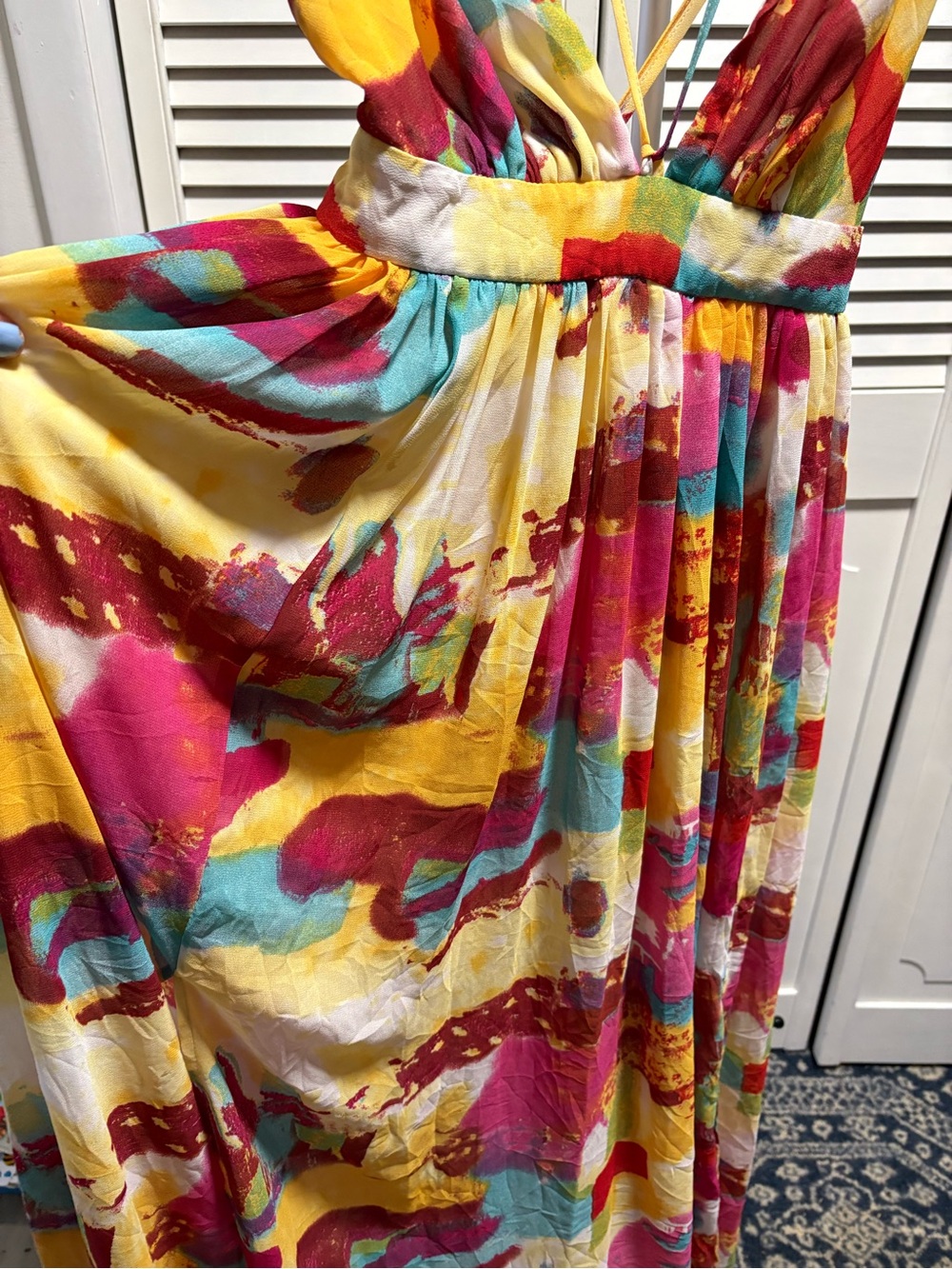 Papaya V-Neck Maxi Dress in Pink, Yellow & Teal Great for a Summer Wedding - Picture 3 of 10